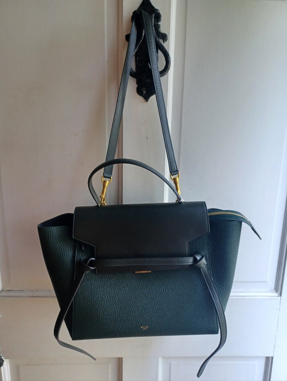Celine Dark Green Leather Tote with Top Handle and Strap